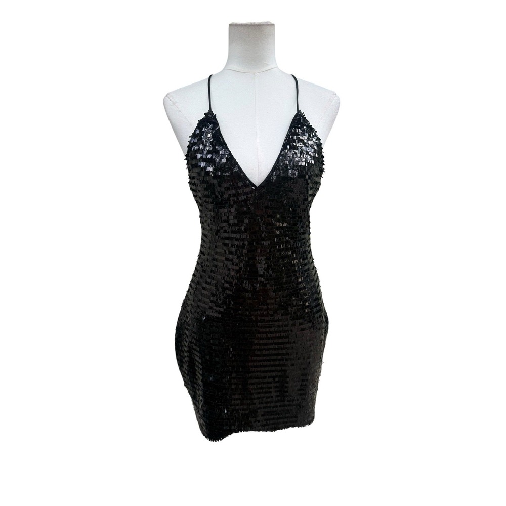 The Sang Womens L Black Sequin Mini Dress Open Back Criss Cross Cocktail Party